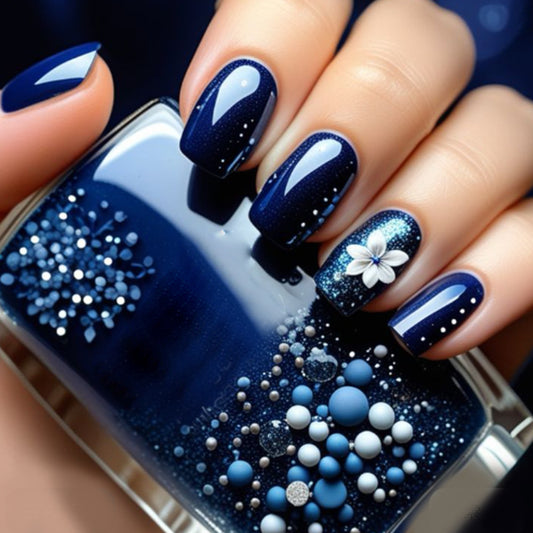 Celestial Delight Medium Square Deep Blue with Sparkling Floral Accents Press On Nail Set