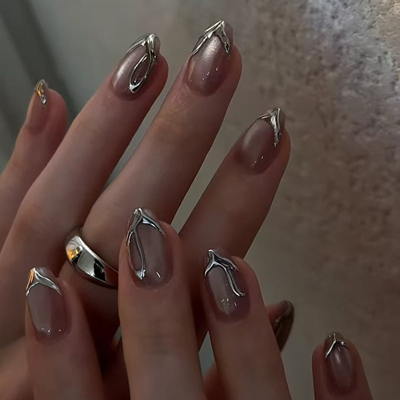 Elegant Floral Essence Short Oval Shaped Translucent Beige Press On Nail Set with Unique Metallic Leaf Accents