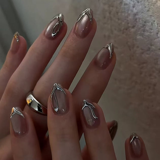 Elegant Floral Essence Short Oval Shaped Translucent Beige Press On Nail Set with Unique Metallic Leaf Accents