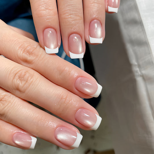 Elegant Garden Short Square Natural Pink with Glossy White Tips Press-On Nail Set