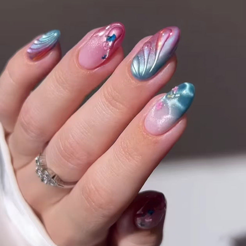Dreamy Ocean Wave Short Oval Pink and Blue Ombre with Floral Accents Press On Nail Set