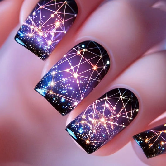 Cosmic Night Intense Medium Square Long Gradient Glitter Press On Nail Set