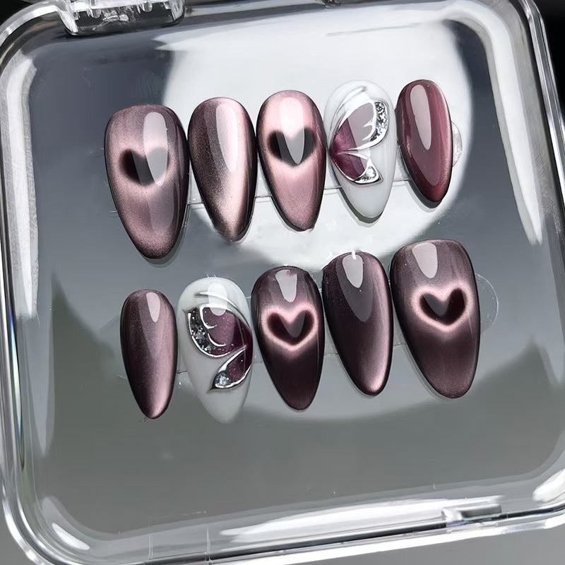 Romantic Elegance Heart Medium Almond Burgundy and White Press on Nail Set with Stunning Butterfly Design
