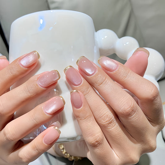 Chic Elegance Short Square Pink Ombre with Glimmering Gold Tips Press-On Nail Set