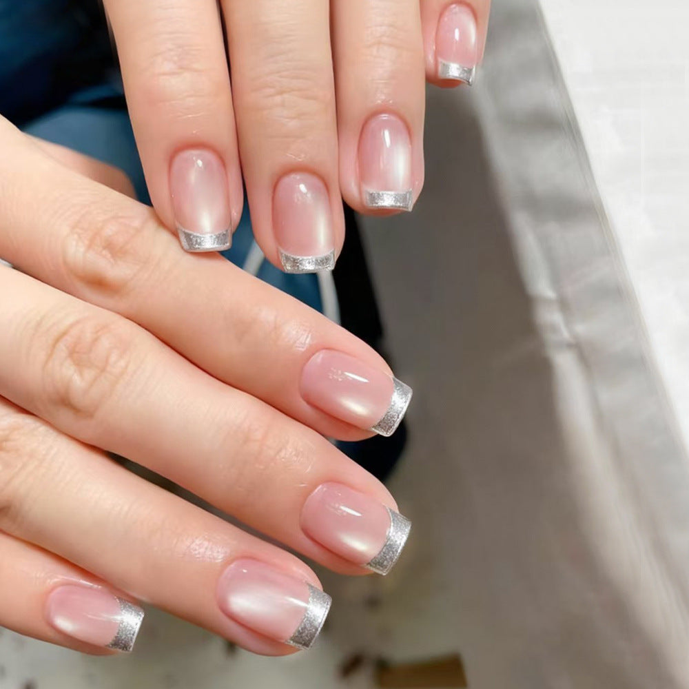 Chic Elegance Press on Nail Set Short Square Soft Pink with Silver Glitter Tips for Effortless Glamour