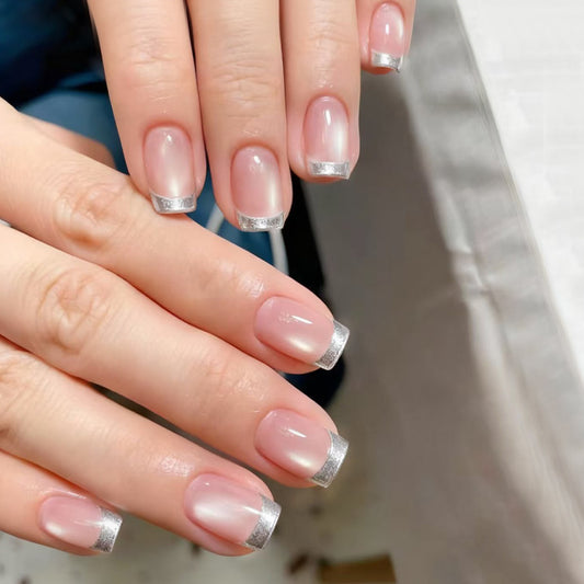 Chic Elegance Press on Nail Set Short Square Soft Pink with Silver Glitter Tips for Effortless Glamour