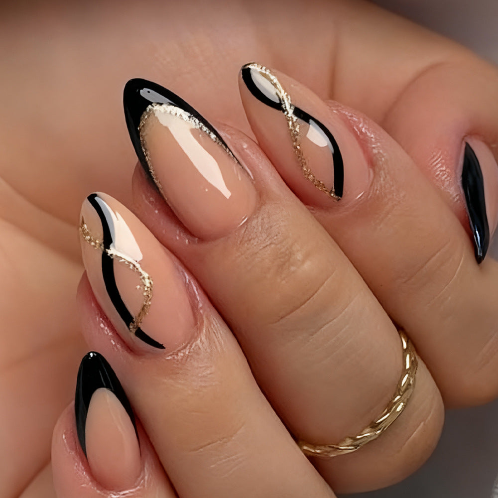 Elegant Night Sky Long Almond Shaped Glossy Black and Beige Nail Set with Stunning Gold Line Accent