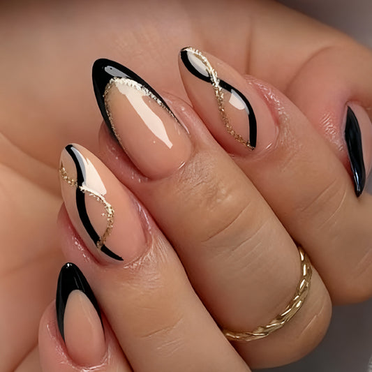 Elegant Night Sky Long Almond Shaped Glossy Black and Beige Nail Set with Stunning Gold Line Accent
