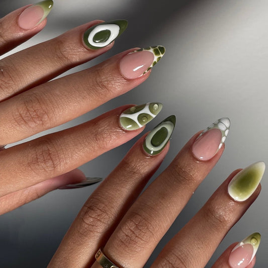 Nature's Elegance Medium Almond Shaped Green and Pink Press on Nail Set with Unique Abstract Patterns