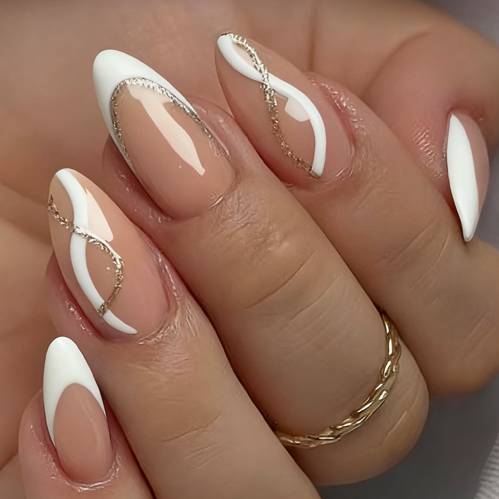 Elegant Enchantment Long Almond White Nails with Golden Swirl Design