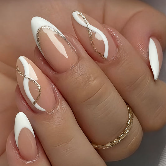 Elegant Enchantment Long Almond White Nails with Golden Swirl Design