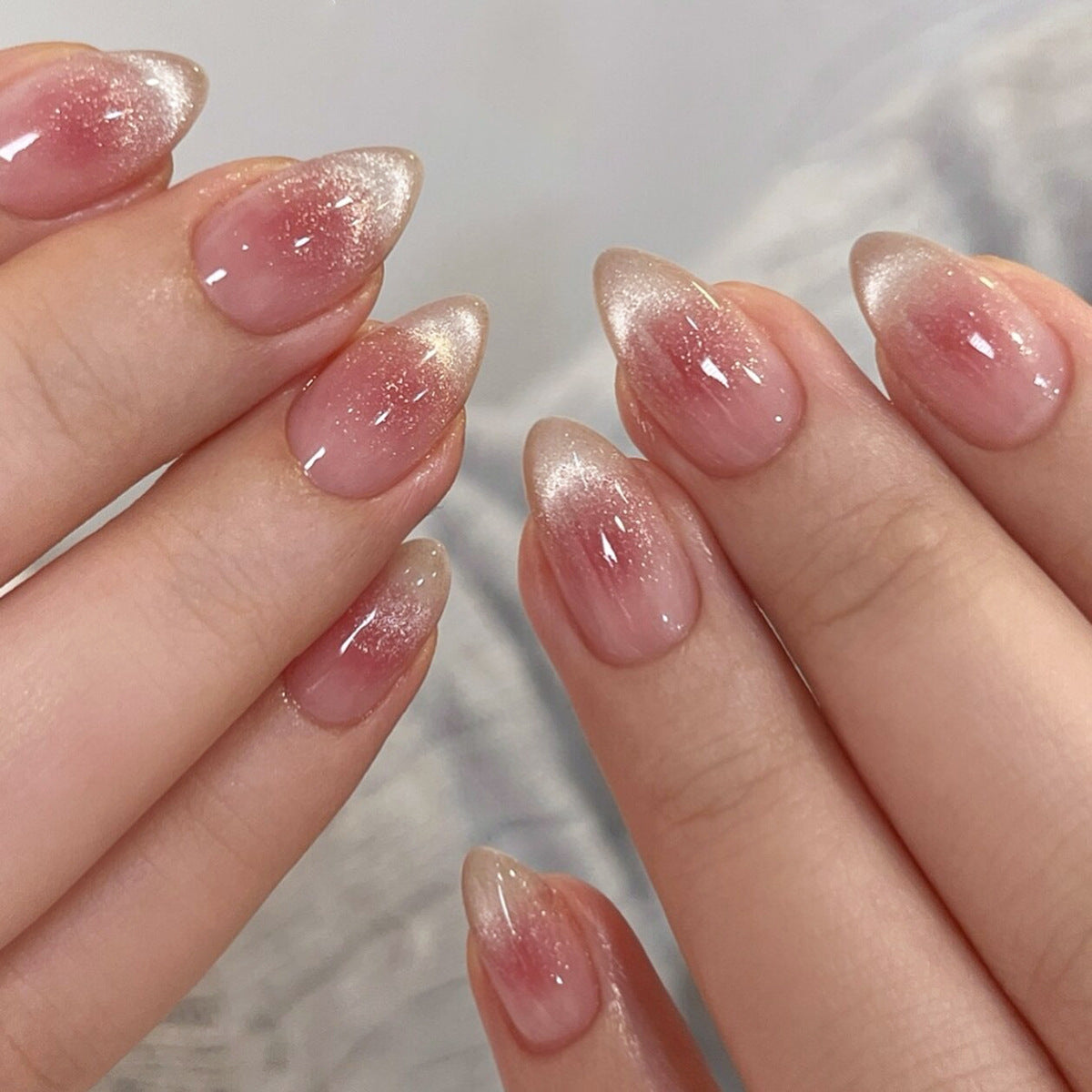 Dreamy Elegance Short Almond Ombre Pink Gradient Press On Nail Set with Sparkling Finish