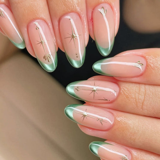 Celestial Elegance Long Oval Green Ombre Press on Nail Set with Gold Star Accents