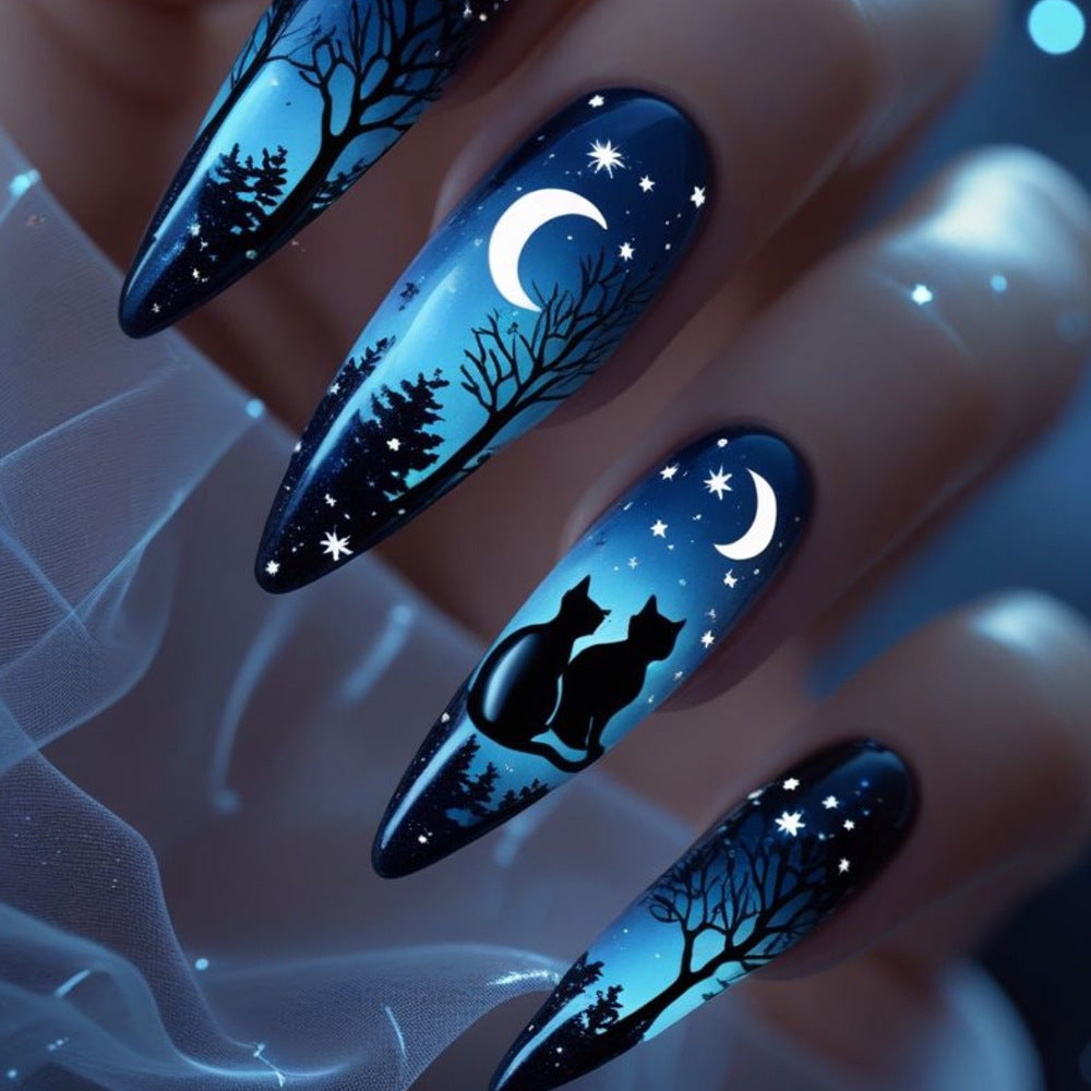 Midnight Magic Long Almond Blue Gradient with Enchanting Cat and Moon Design Press On Nail Set