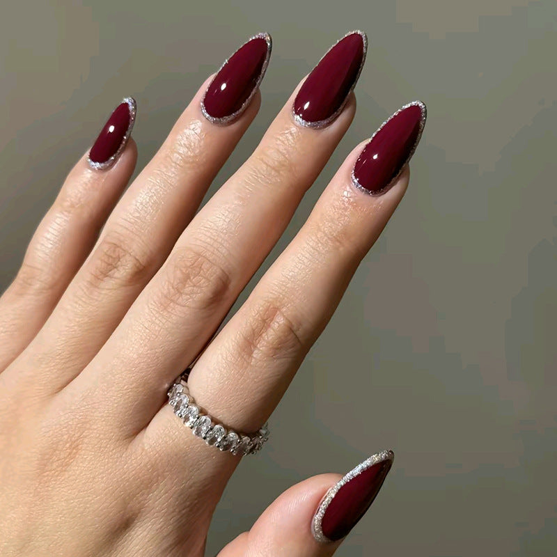Glamorous Elegance Long Almond Burgundy with Dazzling Glitter Edge Press On Nail Set