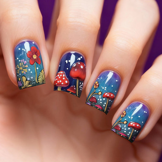 Enchanted Grove Short Square Press On Nail Set with Vibrant Floral and Mushroom Design