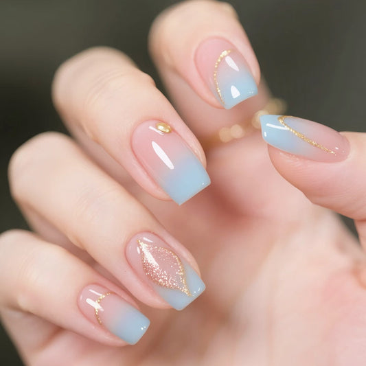 Dreamy Ocean Vibes Medium Square Light Blue and Beige Ombre Press-On Nail Set with Shimmering Gold Accents