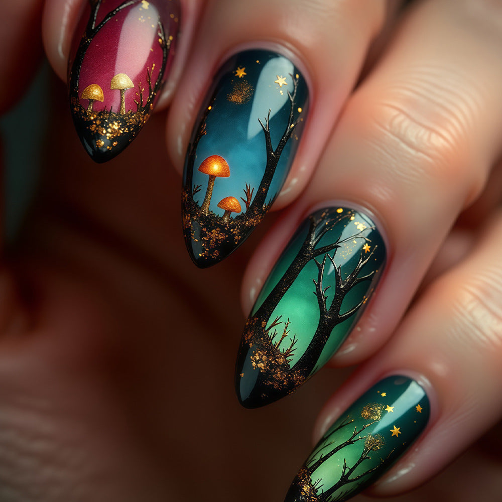 Enchanted Forest Dream Long Almond Gradient Color Press-On Nail Set with Magical Glow-In-The-Dark Feature