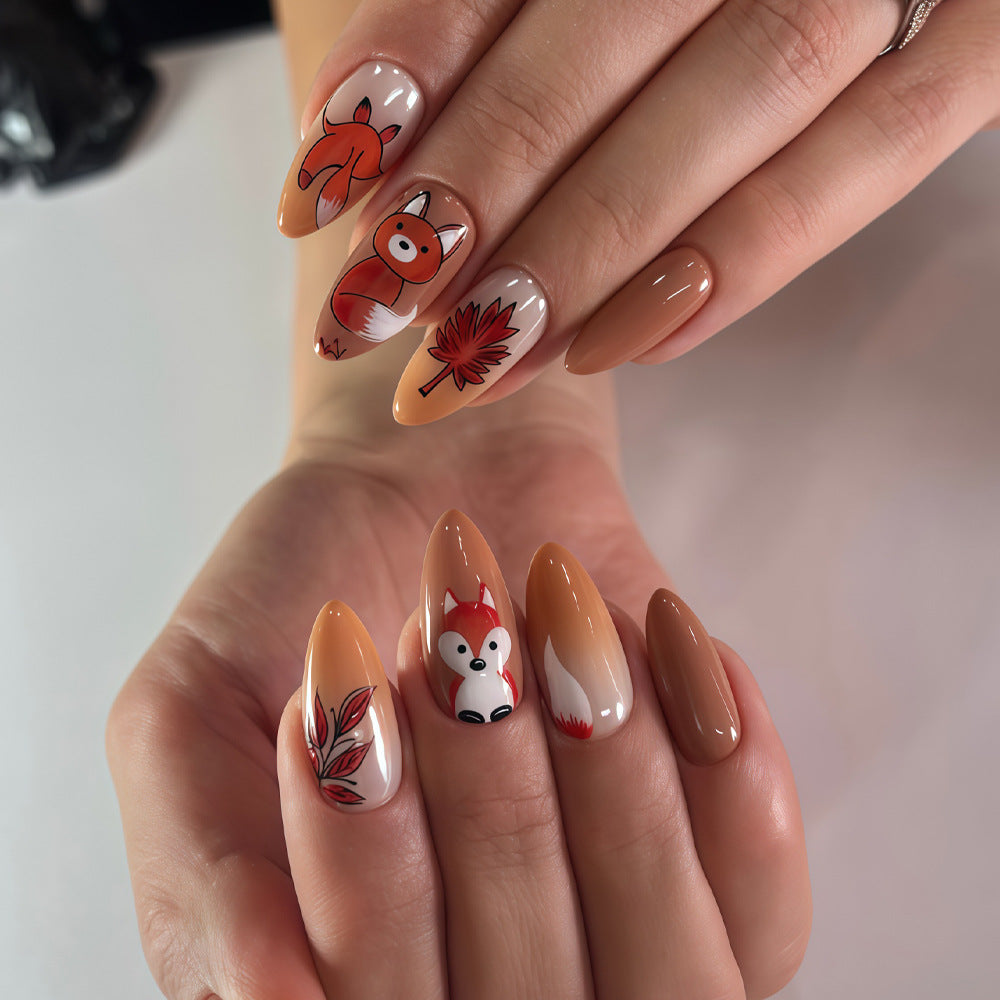 Autumn Forest Long Almond Shaped Beige Press on Nail Set with Whimsical Fox and Leaf Designs