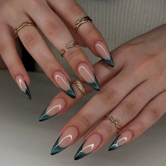 Mystical Forest Elegance Long Stiletto Green Ombre Press On Nail Set with Glossy Finish