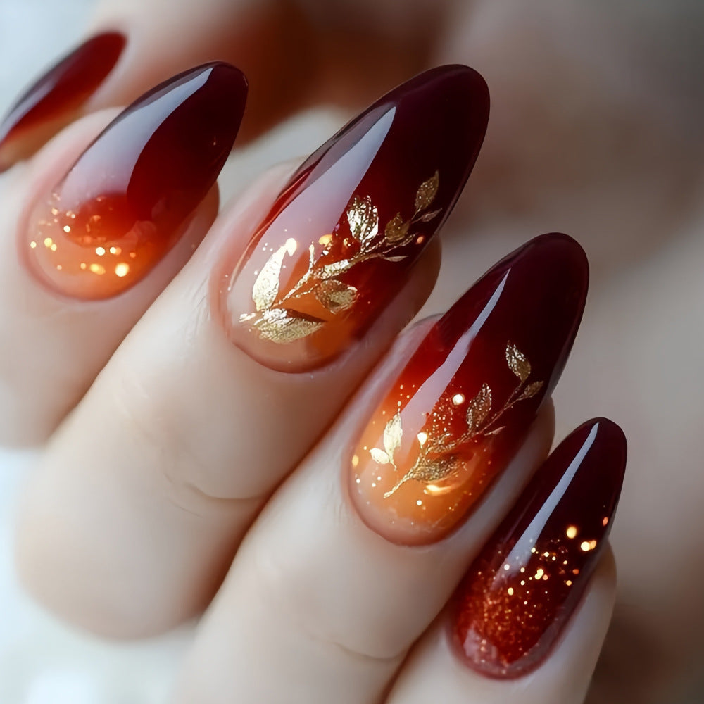 Autumn Elegance Long Almond Red to Orange Ombre Press On Nail Set with Gold Leaf Accents