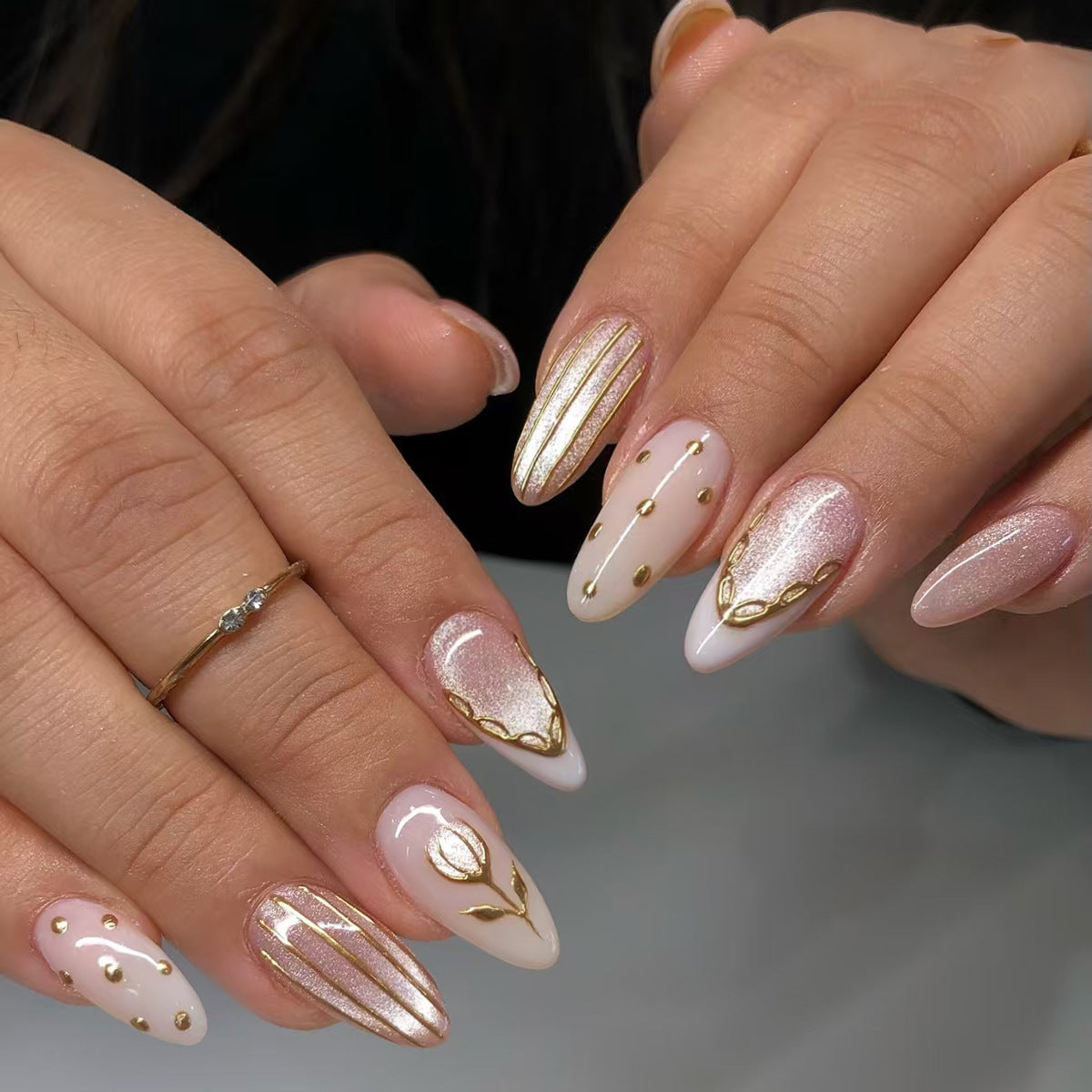 Elegant Garden Dream Long Almond White and Pink Press On Nail Set with Golden Detailing