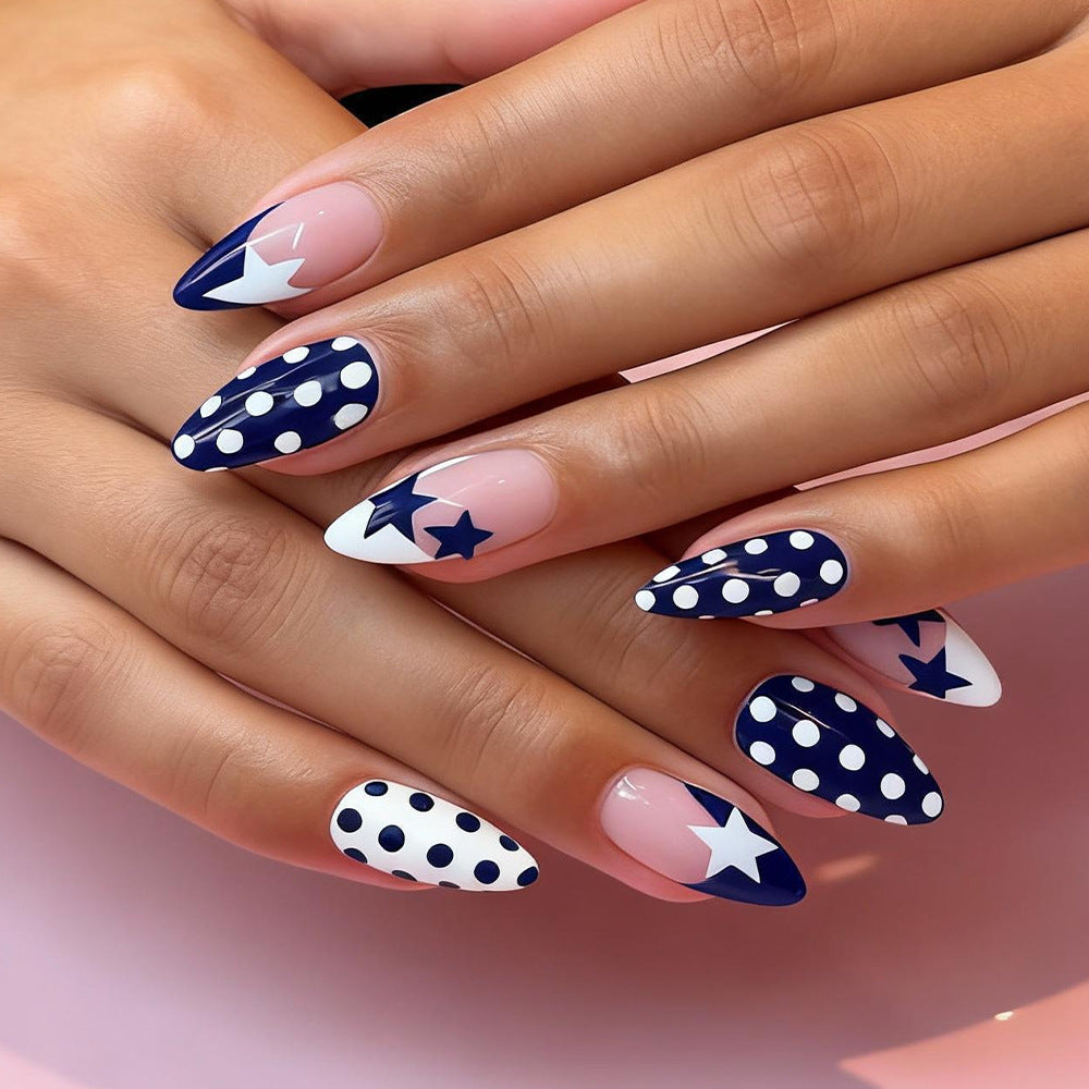 Celestial Dreams Press-On Nail Set Long Almond Blue and White with Star and Polka Dot Design