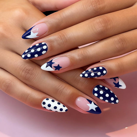 Celestial Dreams Press-On Nail Set Long Almond Blue and White with Star and Polka Dot Design