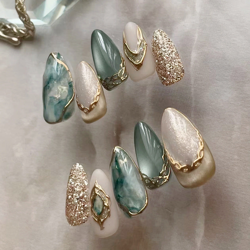 Elegant Ocean Breeze Medium Almond Shaped Soft Green White and Glittering Gold Accents Press on Nail Set