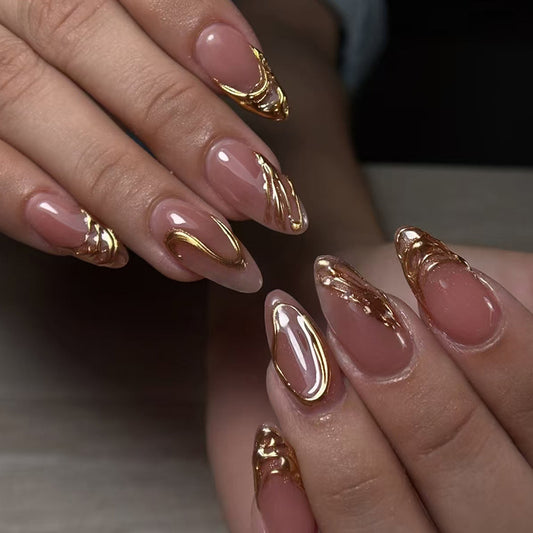 Glamorous Elegance Medium Almond Pink with Shiny Gold Wave Design Press On Nail Set