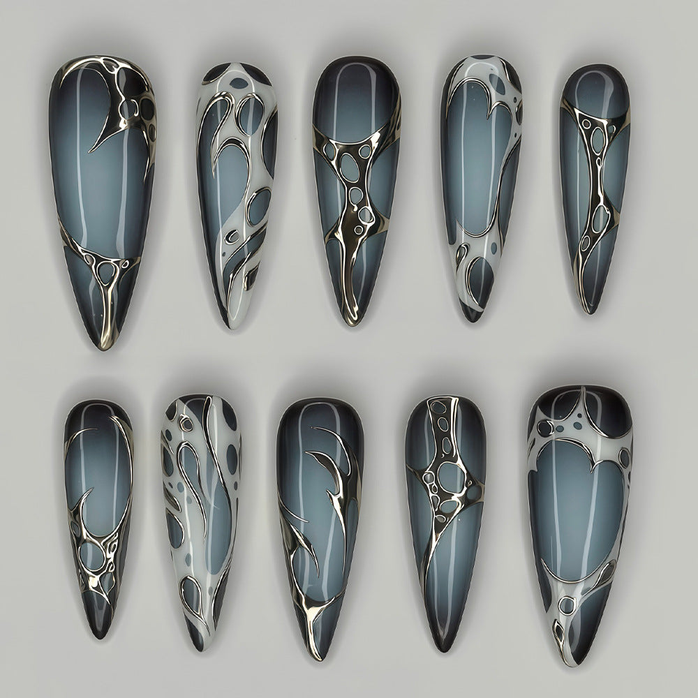 Mystical Elegance Long Stiletto Ombre Gray Enhanced with Unique Metallic Accents Press On Nail Set