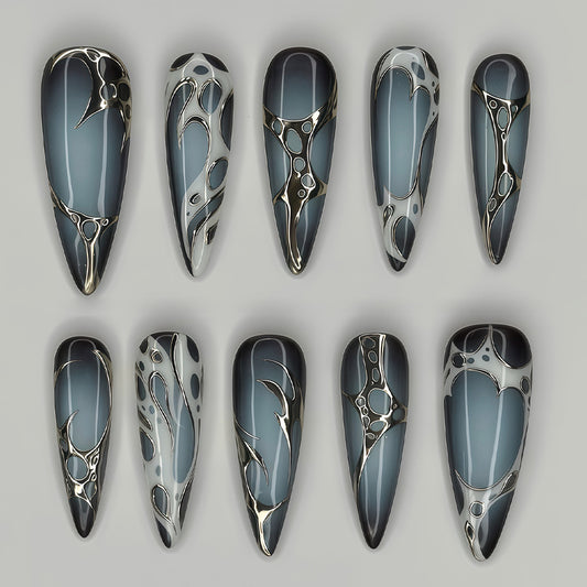 Mystical Elegance Long Stiletto Ombre Gray Enhanced with Unique Metallic Accents Press On Nail Set