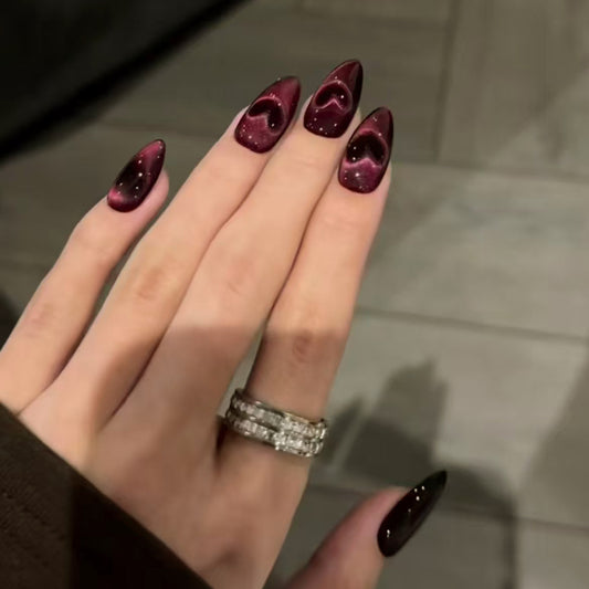 Glamorous Twilight Long Almond Shaped Deep Burgundy Press On Nail Set with Dazzling Heart Accent