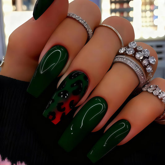 Wild Forest Vibes Long Square Green Press on Nail Set with Unique Leopard Accent Design
