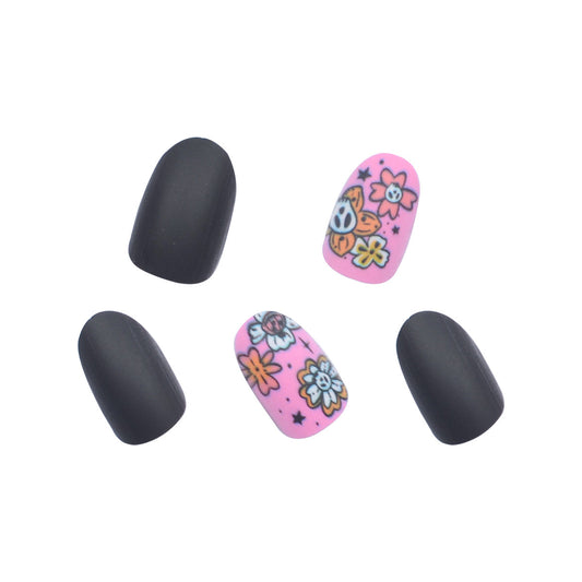 Bohemian Beauty Medium Round Matte Black and Pink Floral Press On Nail Set with Unique Art Design