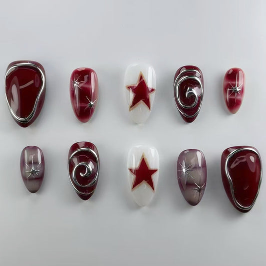 Celestial Elegance Medium Almond Burgundy and White Star and Swirl Design Press-On Nail Set