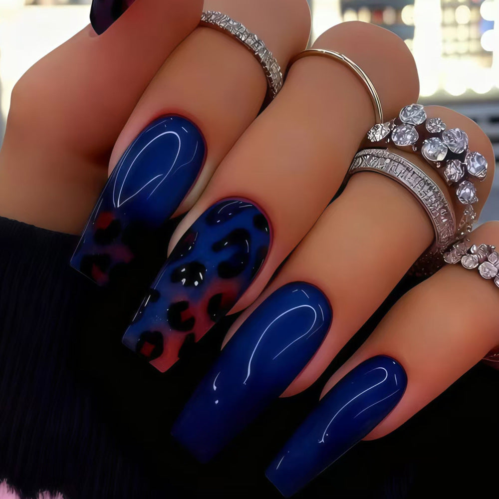 Wild Safari Glam Long Square Dark Blue with Leopard Print Nail Set