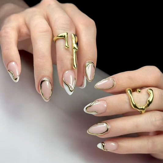 Gilded Elegance Short Almond Shaped Transparent Beige with Metallic Outline Press On Nail Set