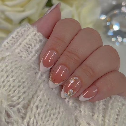 Elegant Blossom Lunar Short Almond Shaped Soft Pink Gradient Press On Nail Set with Floral Accents