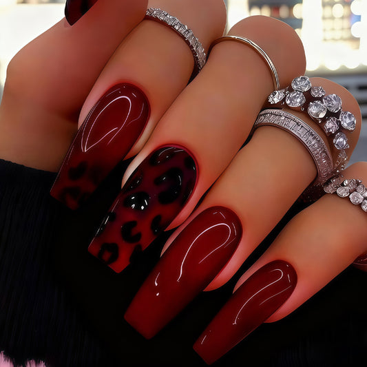 Bold Elegance Long Square Burgundy with Trendy Leopard Accent Press on Nail Set
