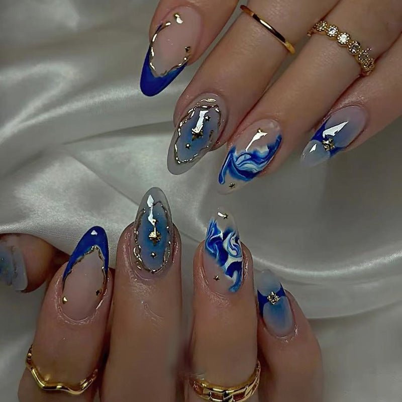 Oceanic Serenity Long Almond Shaped Blue and White Press On Nail Set with Gold Accents