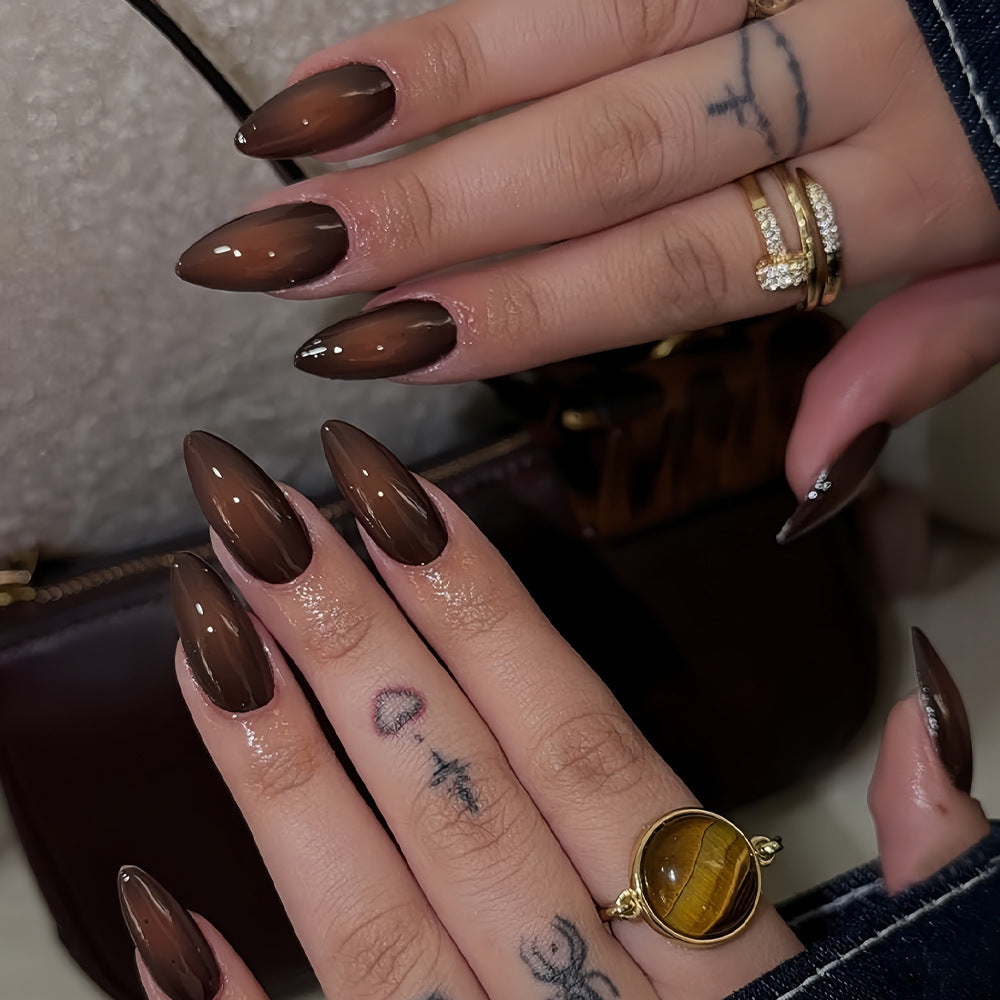 Glamorous Elegance Long Almond Brown Ombre Press-On Nail Set with High Gloss Finish