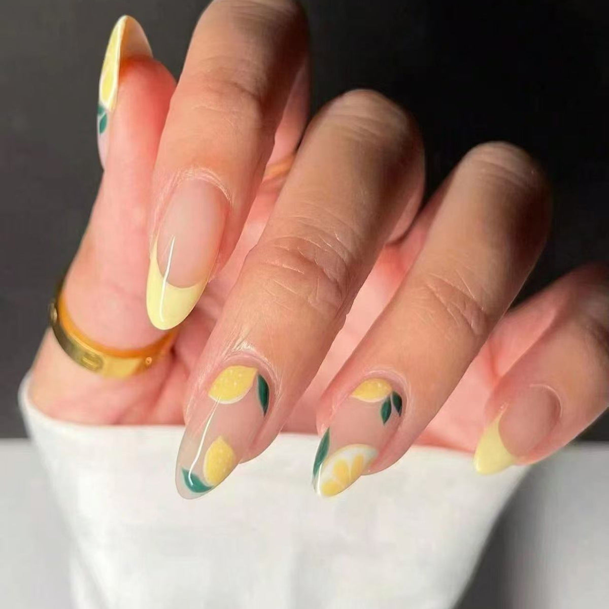 Citrus Delight Long Almond Yellow With Charming Lemon Design Press On Nail Set