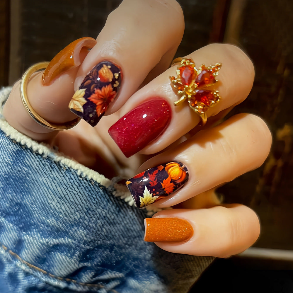 Autumn Elegance Medium Square Orange and Red Gradient with Fall Leaf Art Press-On Nail Set
