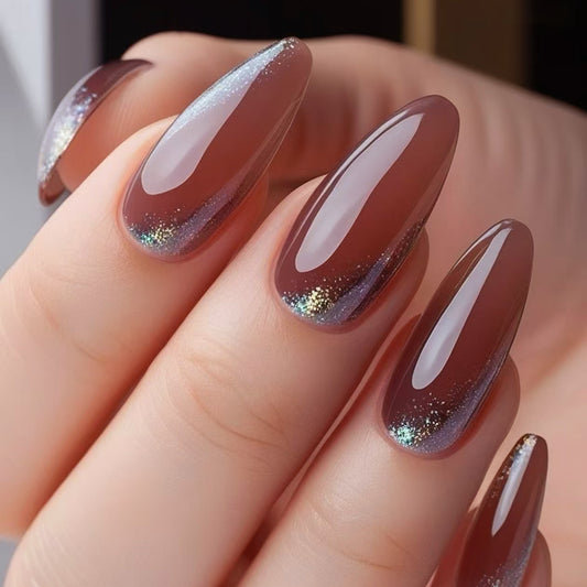 Enchanting Autumn Elegance Long Almond Brown Gradient Press On Nail Set with Dazzling Glitter Accent