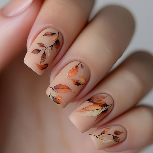 Autumn Elegance Medium Square Press On Nail Set in Warm Beige with Vibrant Leaf Design