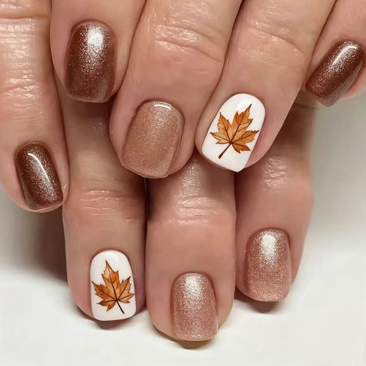 Autumn Vibes Square Short Brown Metallic Press On Nail Set with Unique Leaf Design