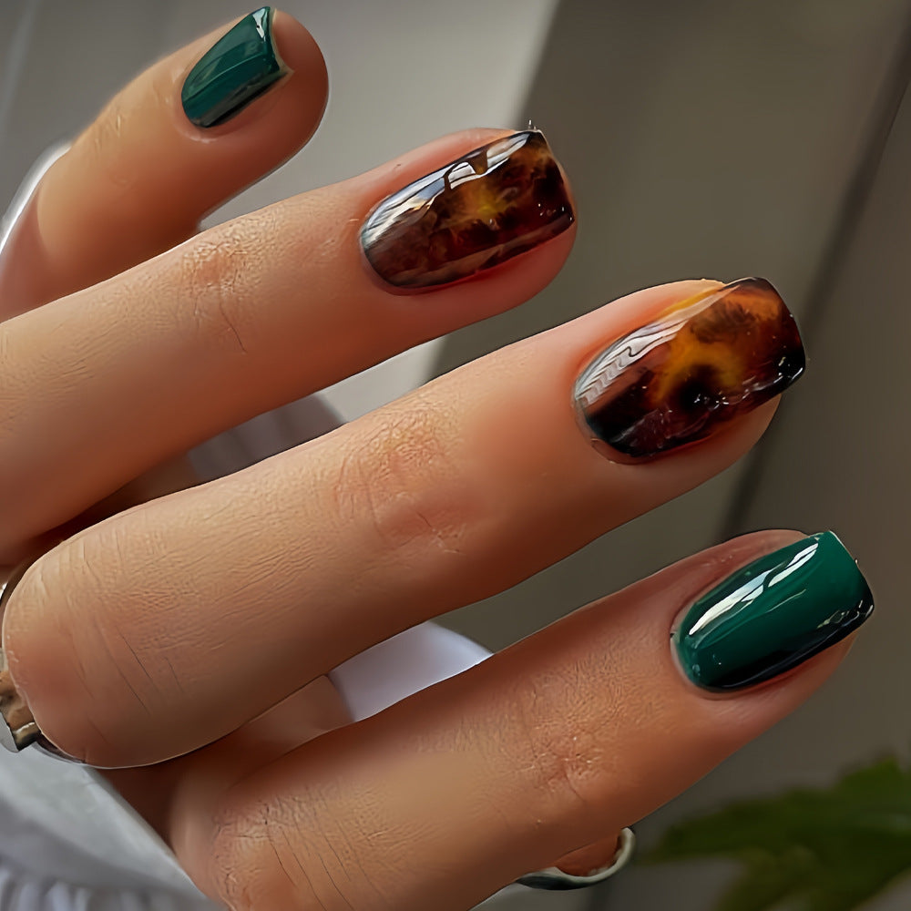 Autumn Elegance Glossy Short Square Emerald Green and Earthy Swirl Design Press On Nail Set