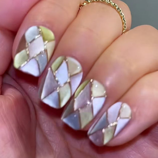 Whimsical Elegance Short Square Shimmering Pastel Press On Nail Set with Geometric Accents