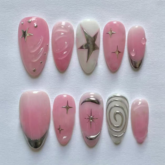 Celestial Dreams Press-On Nail Set in Medium Almond Shape Stunning Pink with Metallic Star Accents
